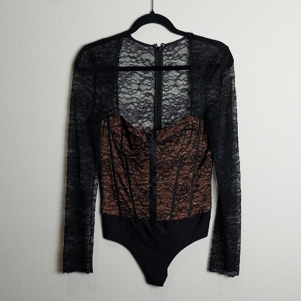 Cami NYC Brown and Black Long Sleeve Bustier Bodysuit